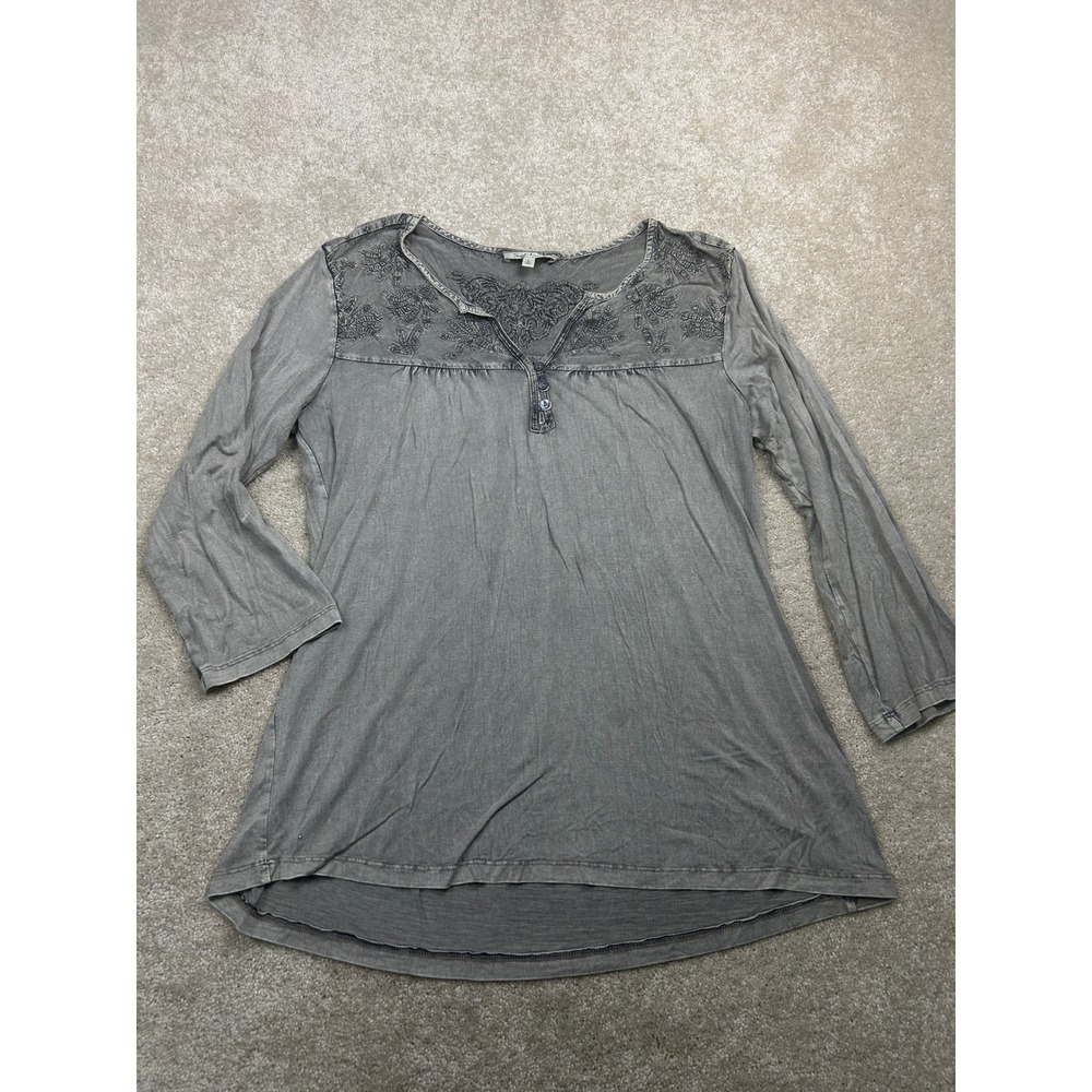 Solitaire Embroidered Yoke Henley L Grey Acid Wash Boho Cottagecore Peasant Art
